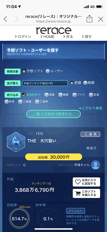 rerace(リレース)という自作の競馬予想ソフト