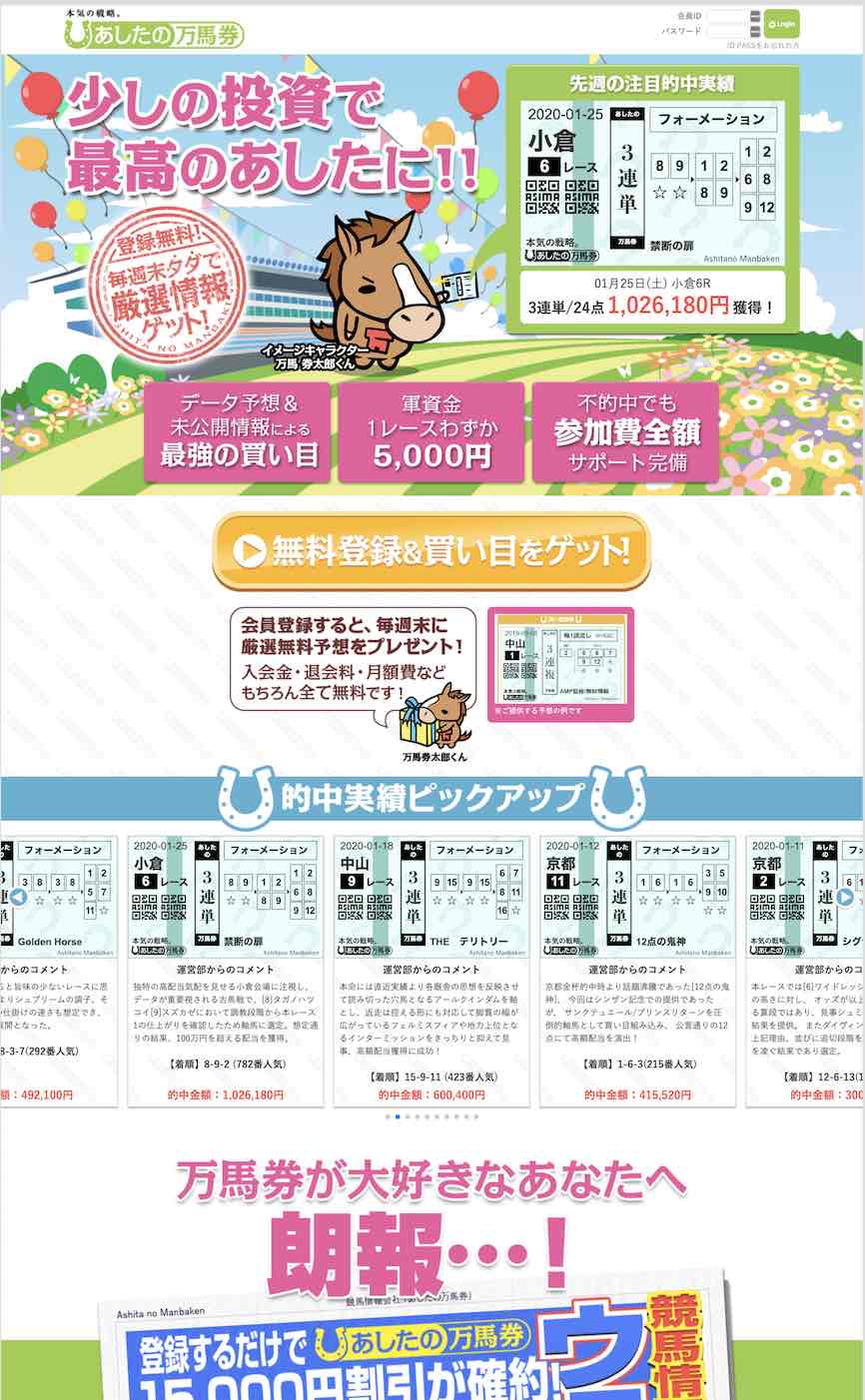 競馬予想サイトの「あしたの万馬券」について検証