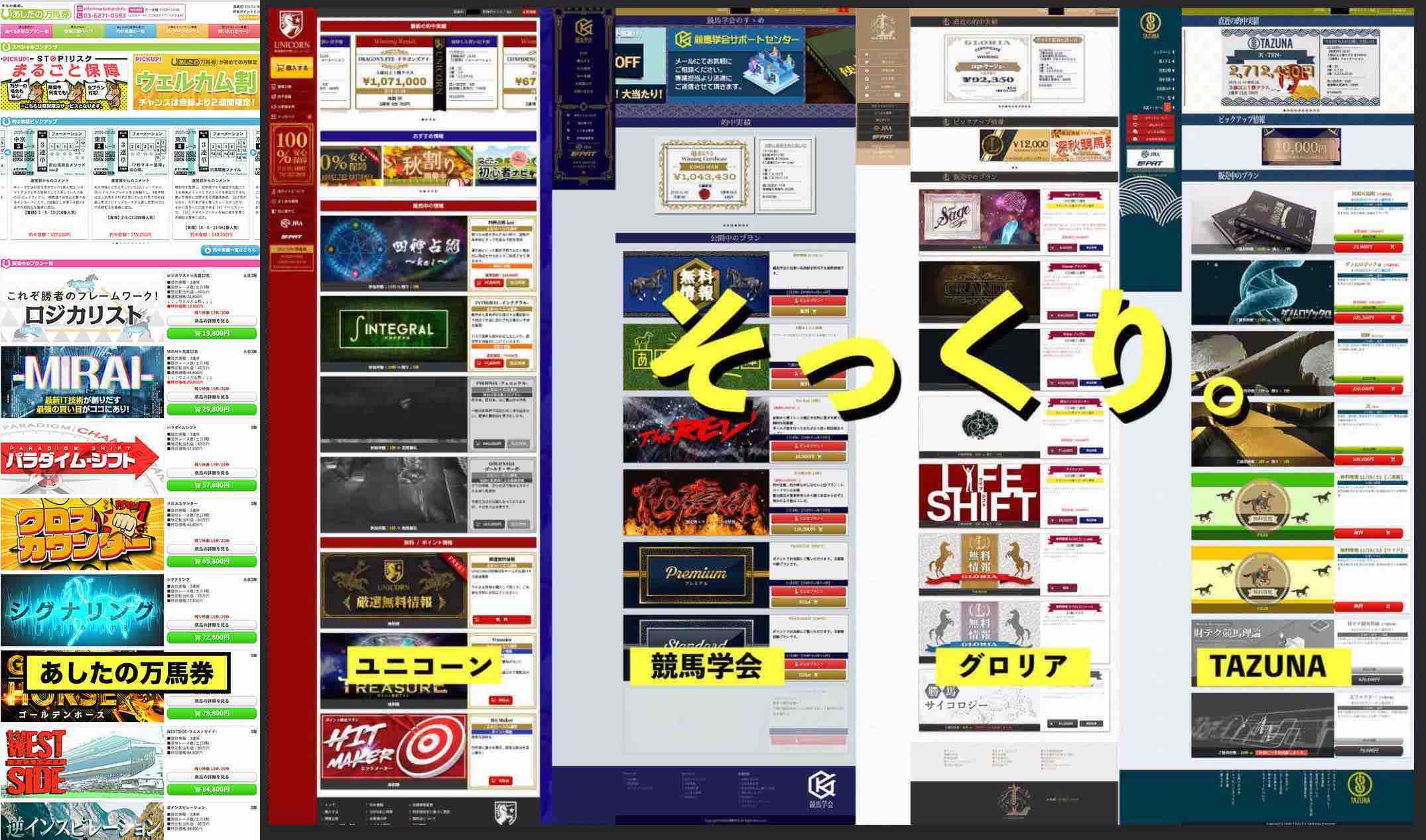 あしたの万馬券は、MUTEKI、TAZUNA、競馬学会、グロリアなどとソックリの会員ページ