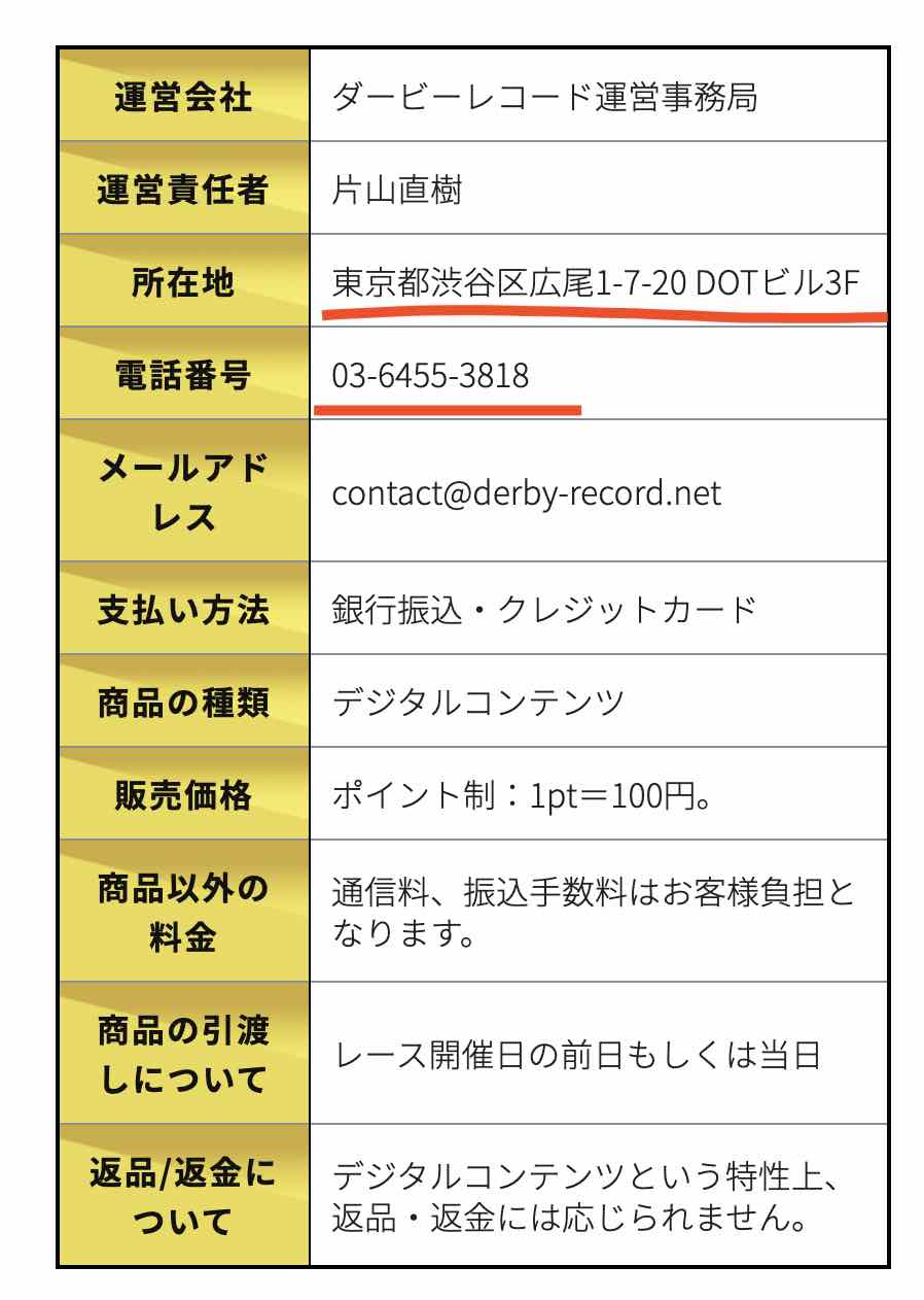 ダービーレコードという競馬予想サイトの特商法