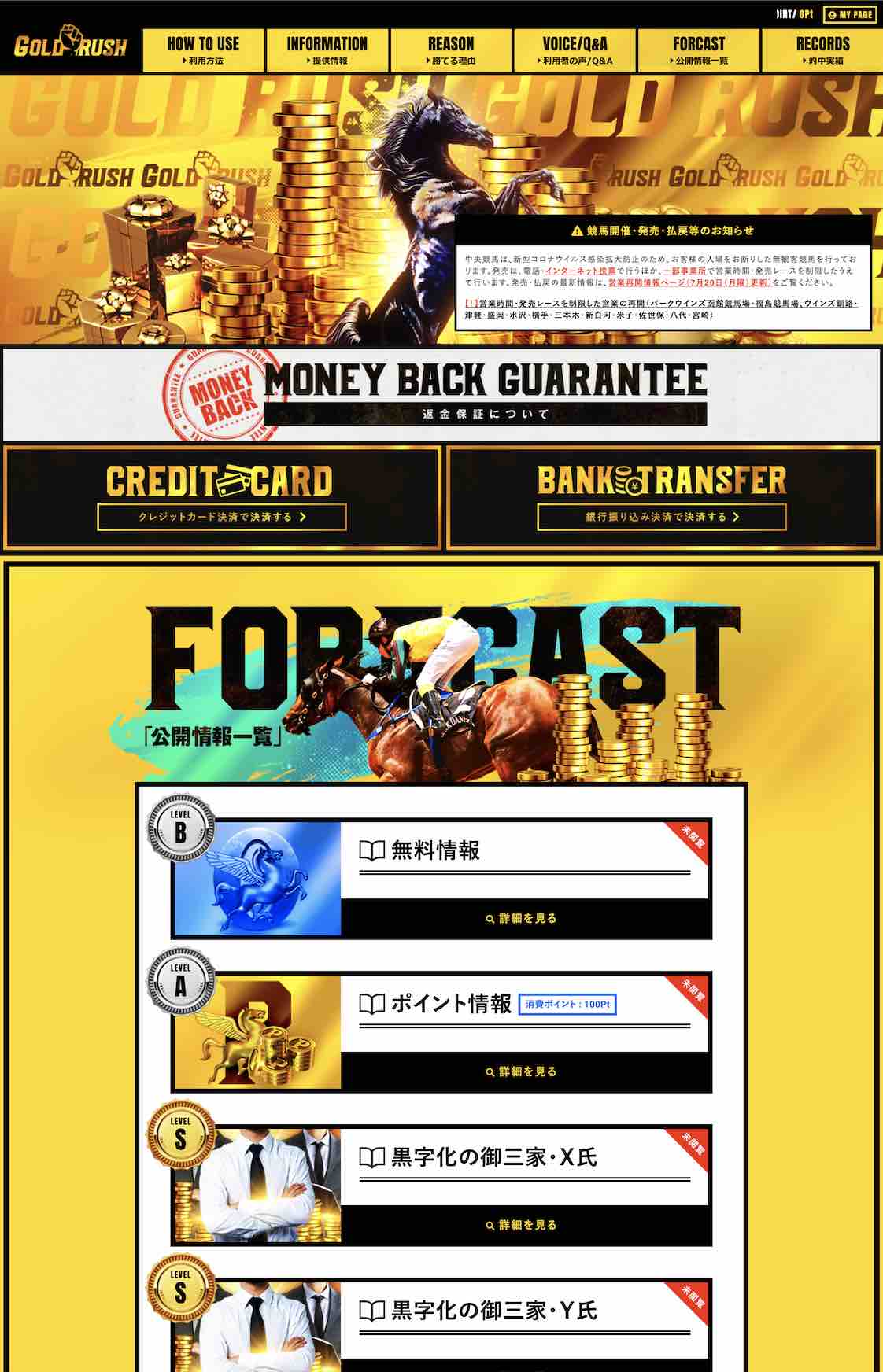 ゴールドラッシュ(GOLDRUSH)という競馬予想サイトの会員ページ