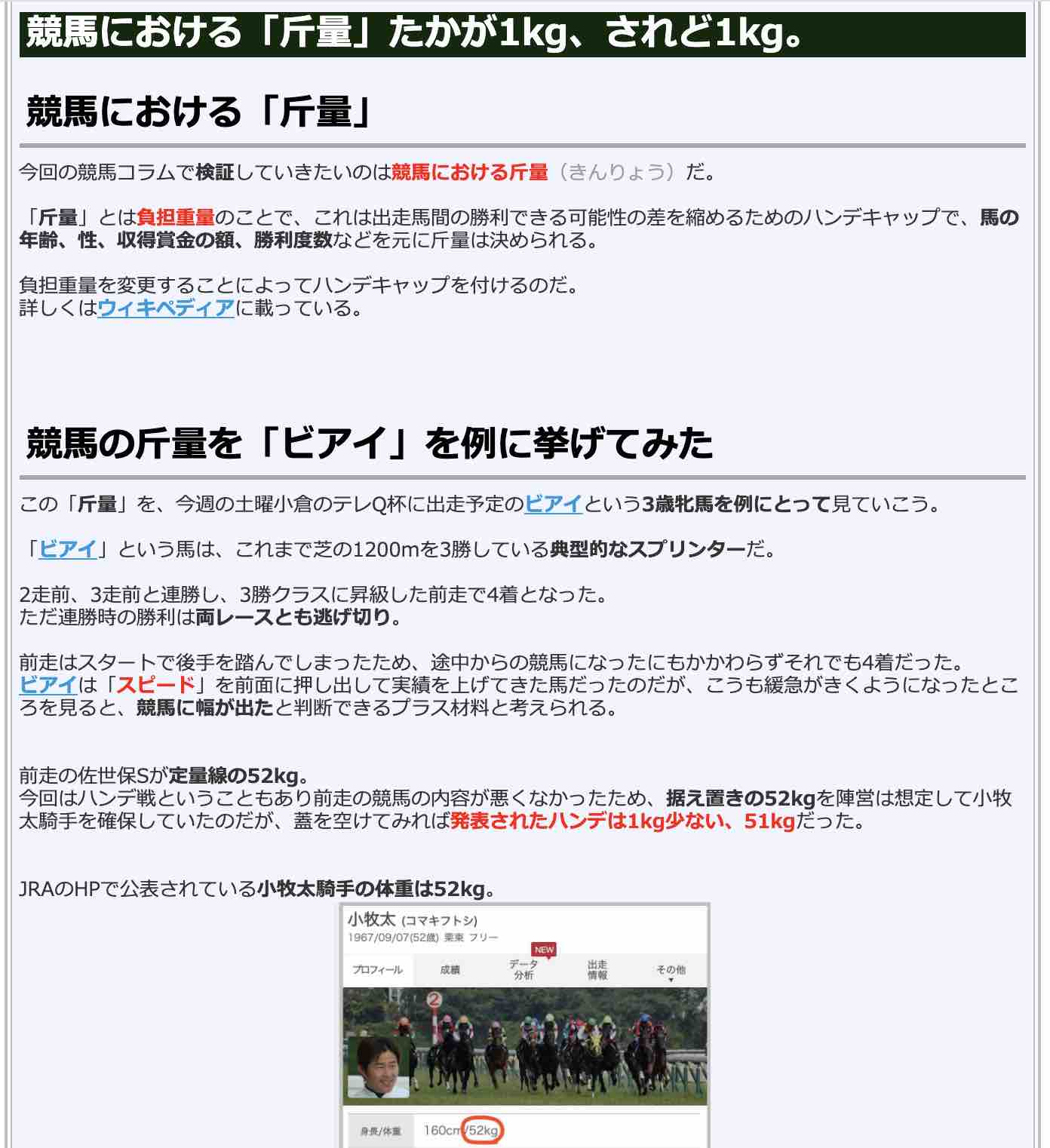 競馬検証.comの競馬コラム「競馬における「斤量」たかが1kg、されど1kg。」