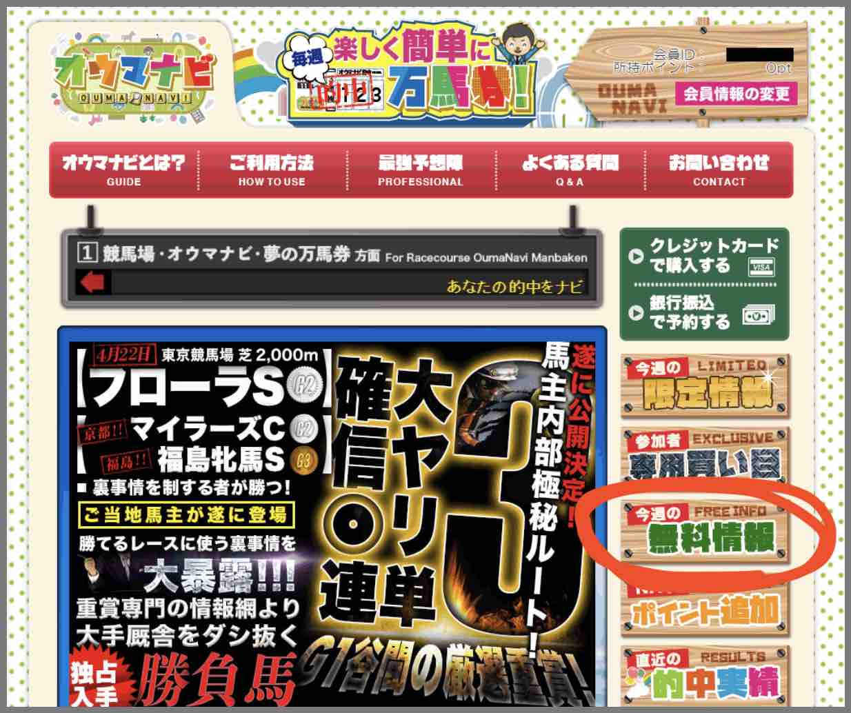 オウマナビという競馬予想サイトの無料予想(無料情報)を確認する