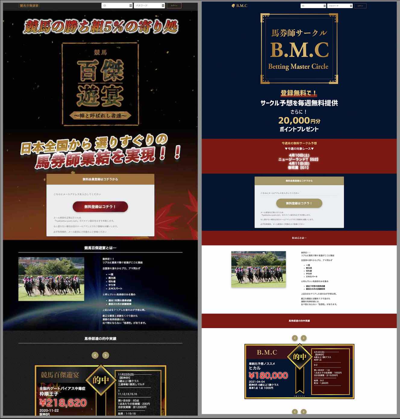BMC(B.M.C)という競馬予想サイトと競馬百傑遊宴を見比べる