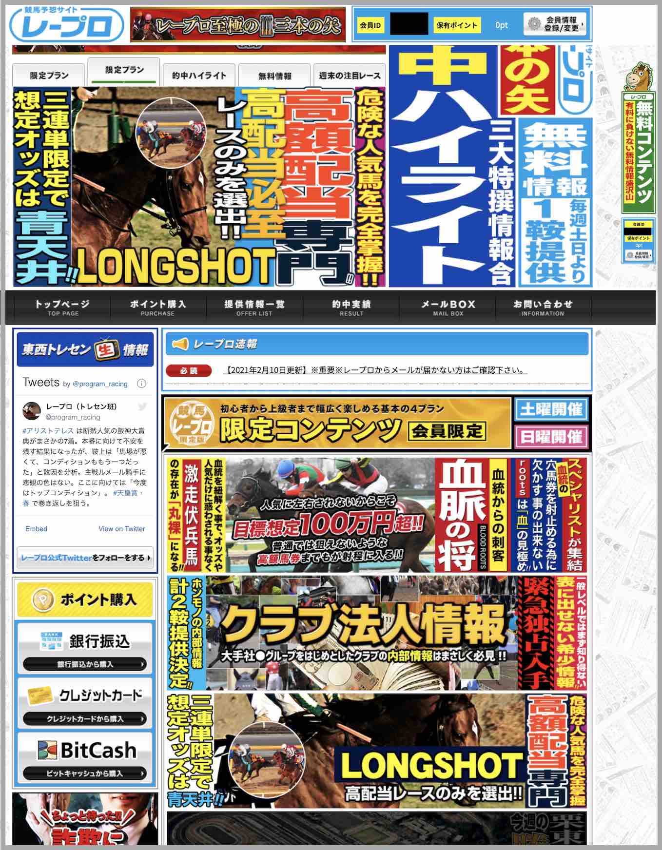 レープロという競馬予想サイトの会員ページ