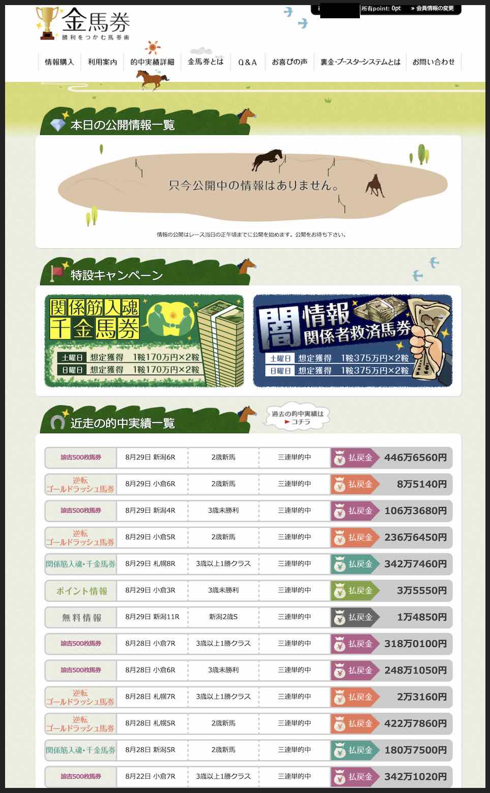 金馬券という競馬予想サイトの会員ページ