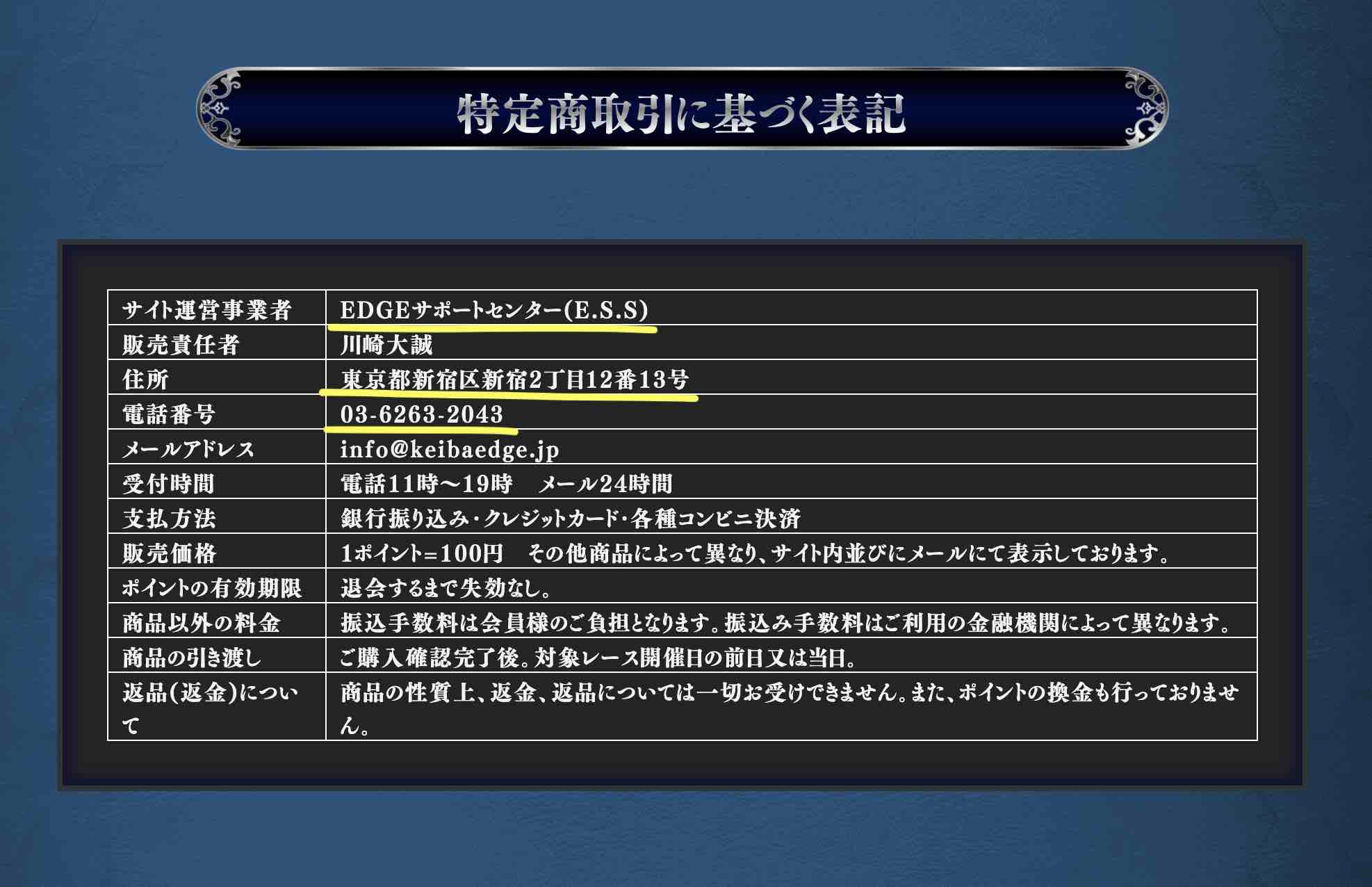 EDGE(エッジ)という競馬予想サイトの特商法ページ