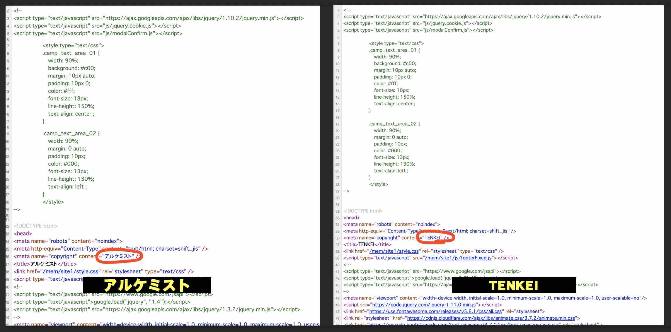 アルケミストとTENKEIのページソース