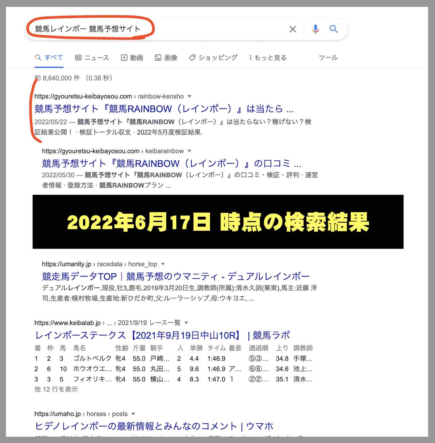 競馬レインボーの情報検索結果