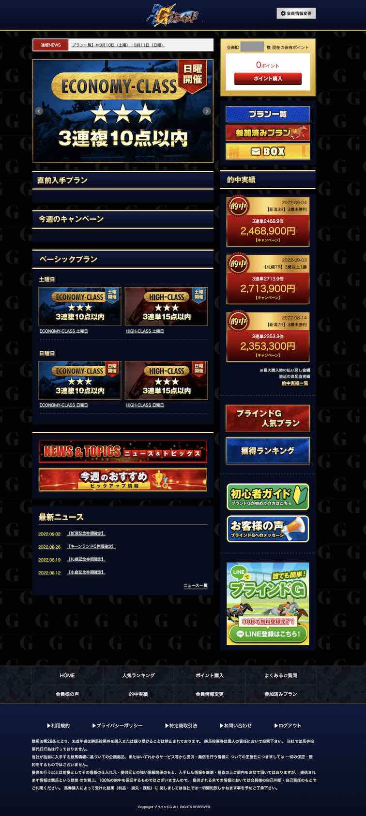 ブラインドGという競馬予想サイトの会員ページ