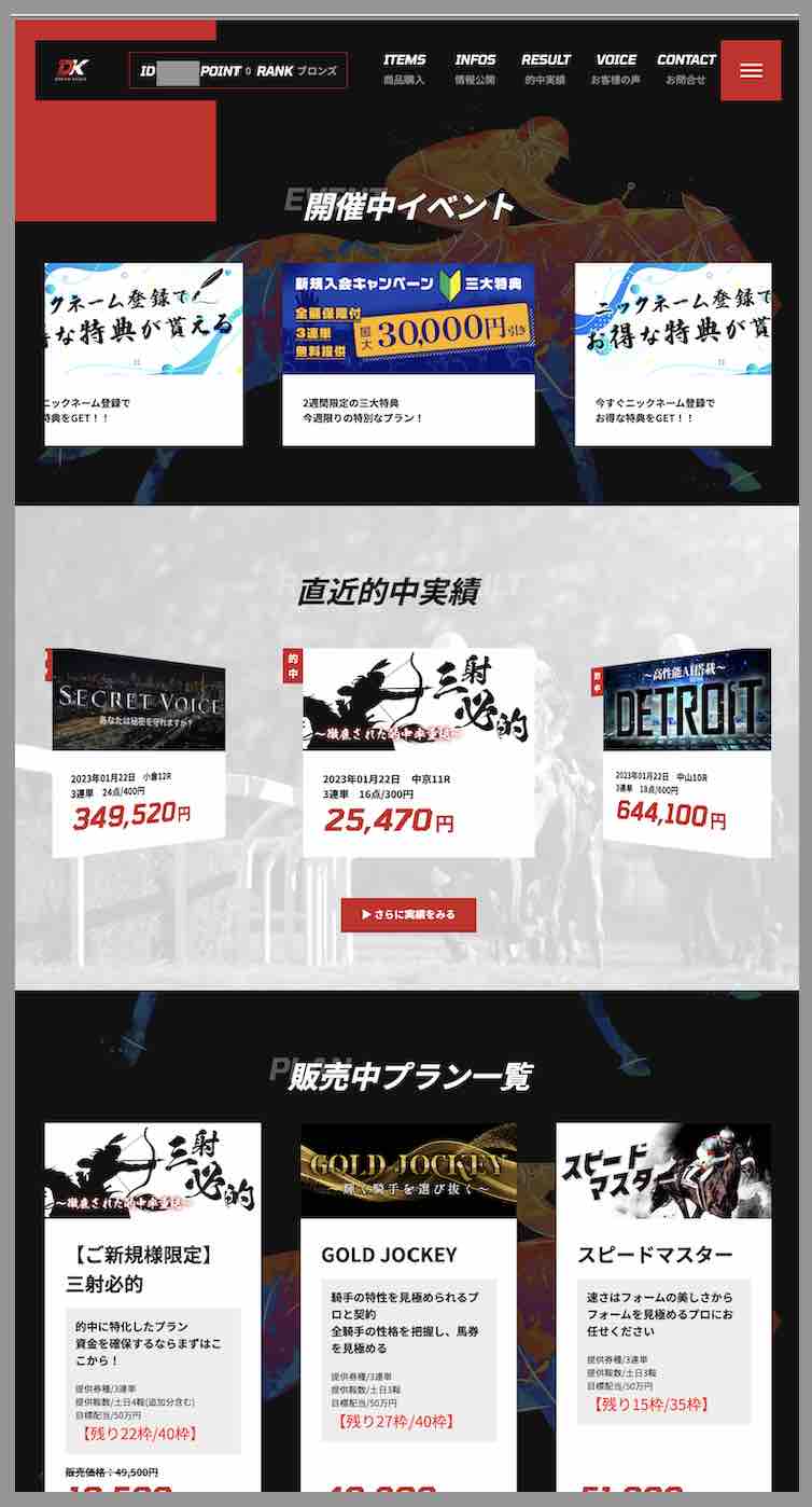DKドリーム競馬という競馬予想サイトの会員ページ