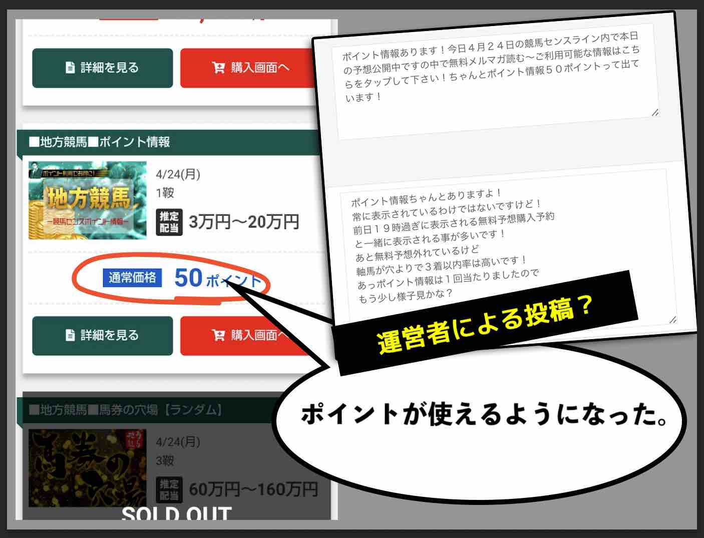 競馬センスでポイント情報が販売された