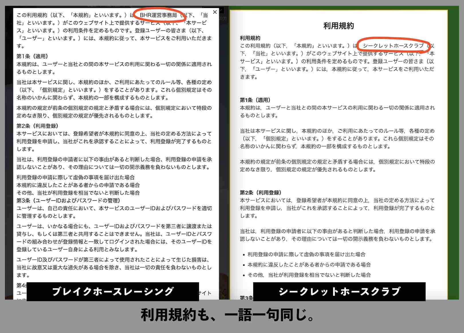ブレイクホースレーシングとシークレットホースクラブの利用規約が一語一句同じ