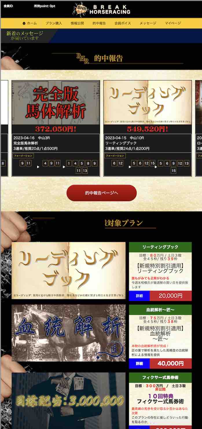 ブレイクホースレーシングという競馬予想サイトの会員ページ