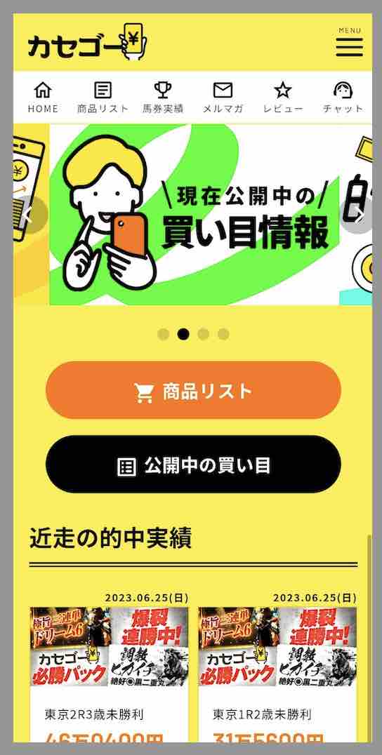 カセゴーという競馬予想サイトの会員ページ