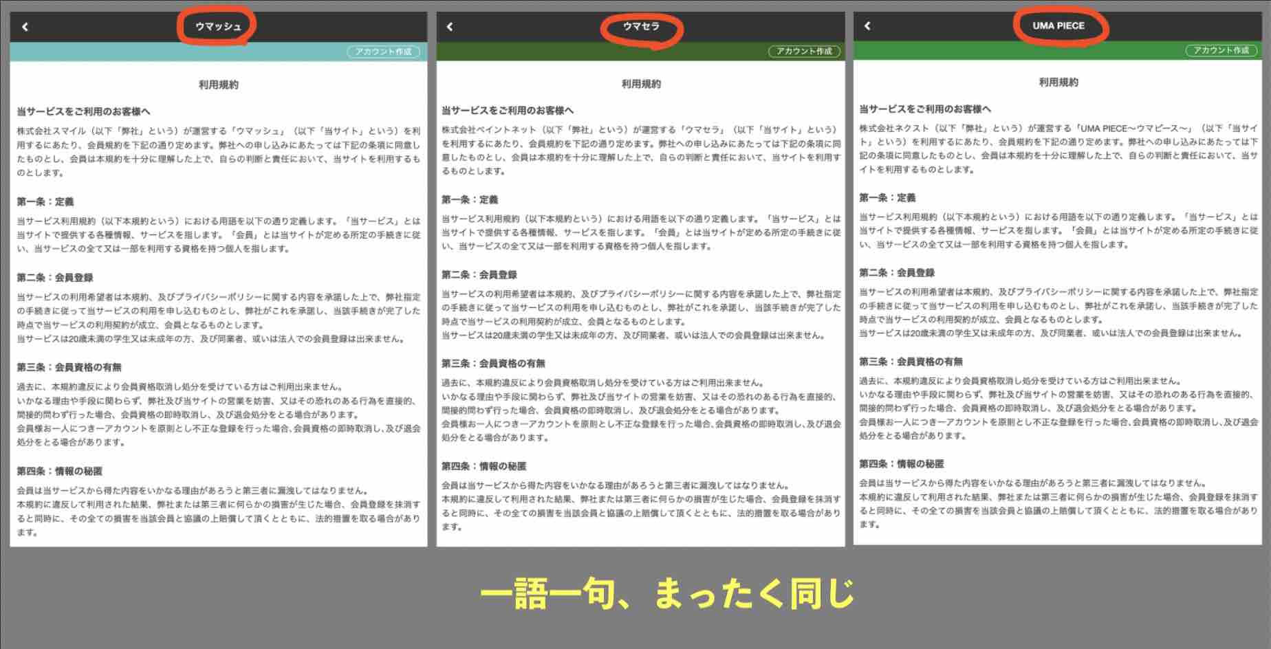 用規約がまったく同じ