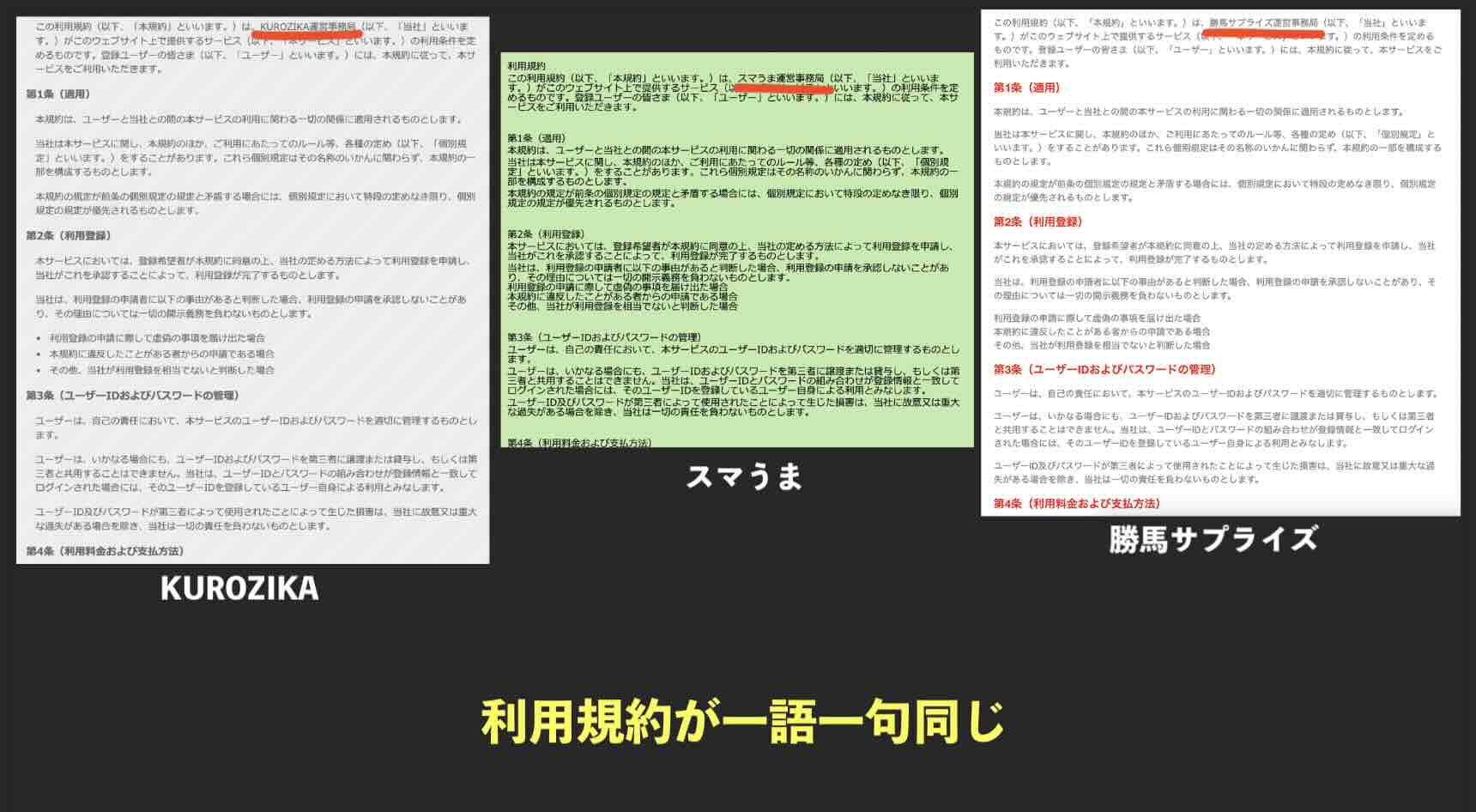KUROZIKA(クロジカ)と利用規約が一語一句同じ