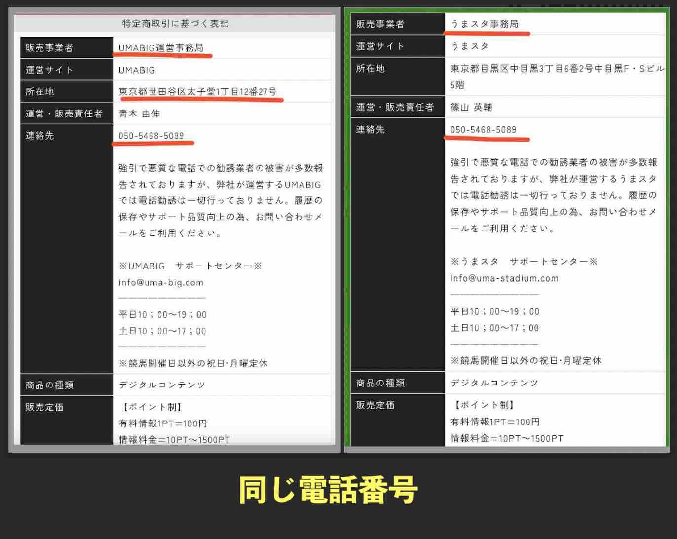 ウマビッグ(UMABIG)の電話番号を検証