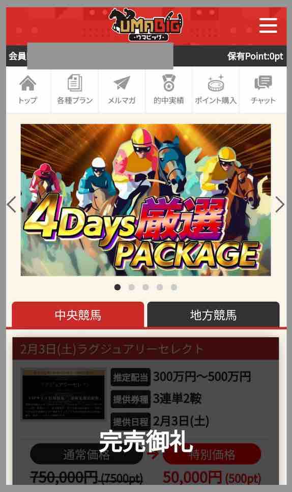 ウマビッグ(UMABIG)という競馬予想サイトの会員ページ