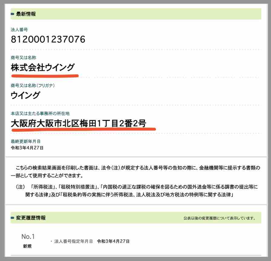 winner(ウィナー)という競馬予想サイトの運営会社「株式会社ウイング」を国税庁サイトから検索