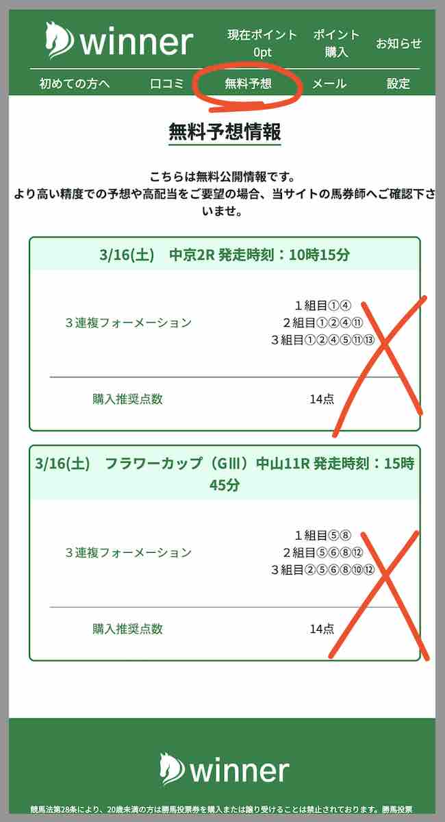 winner(ウィナー)という競馬予想サイトの無料予想を確認する