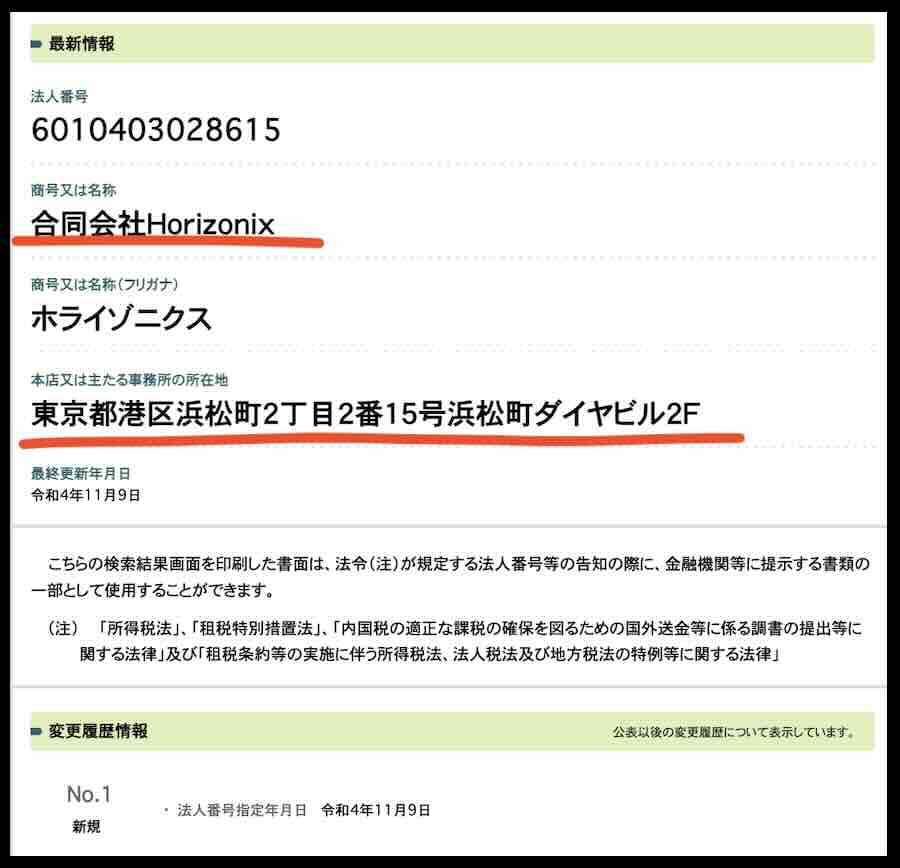 ウマテクという競馬予想サイトの運営会社「合同会社Horizonix」を国税庁サイトから検索