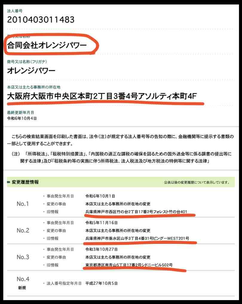 競馬ナンバー1という競馬予想サイトの運営会社「合同会社オレンジパワー」を国税庁サイトから検索