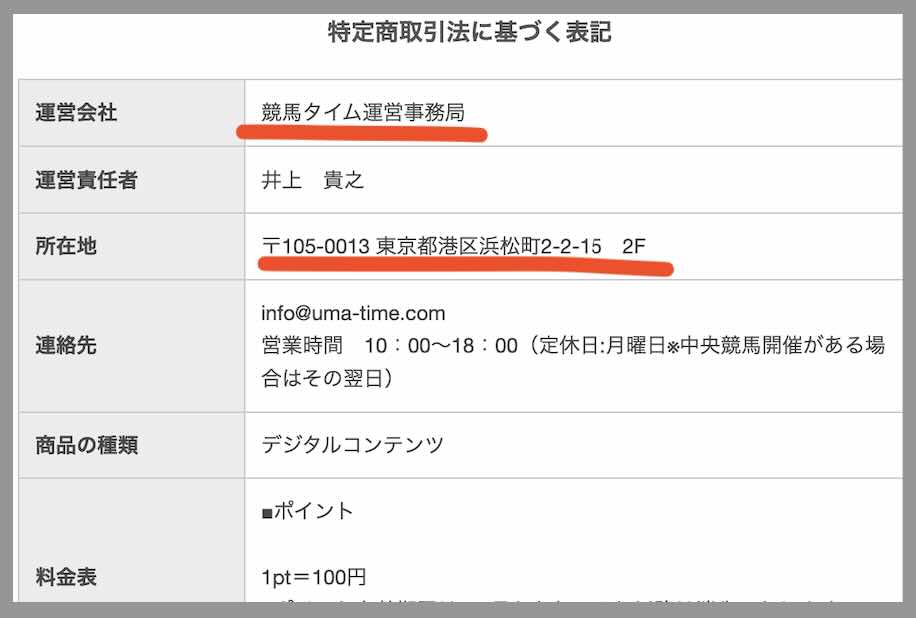 競馬タイムの特定商取引法に基づく記載