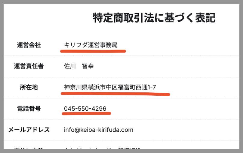 キリフダの特定商取引法に基づく記載